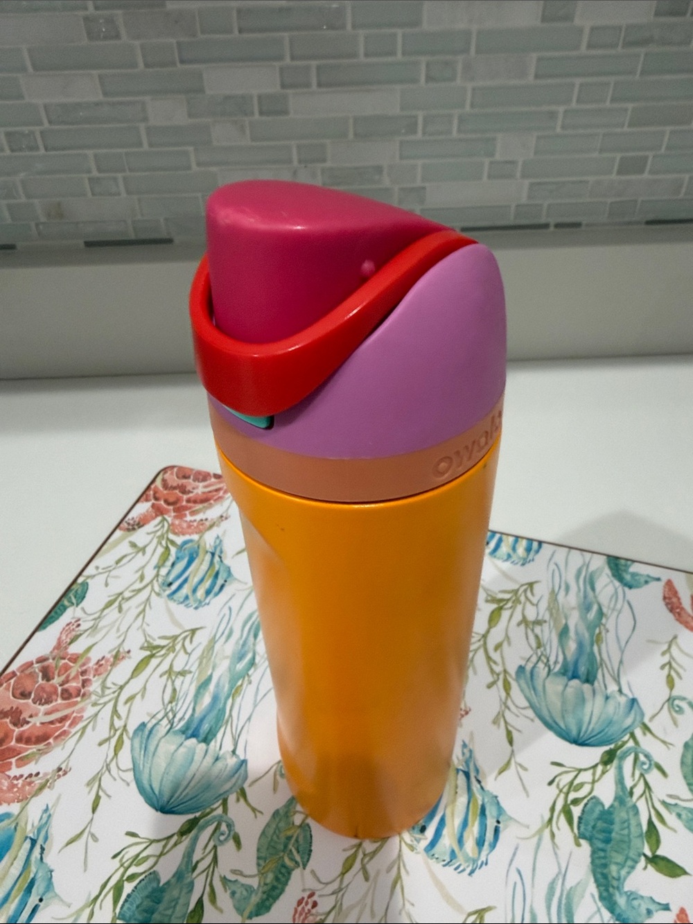 Colorful Insulated Water Bottle — Orange with Pink and Red Lid